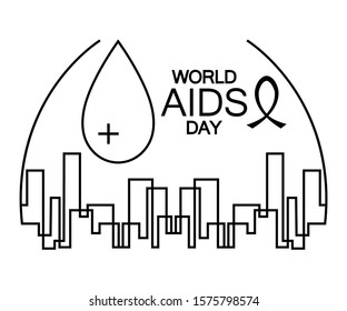 Concept of World AIDS Day in line art style. Black cityscape on a white background with a drop of blood and text World AIDS day