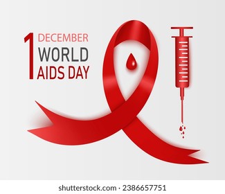 The concept of the World AIDS Day with a syringe and a red ribbon of awareness about help Vector illustration