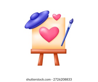 Un concepto para el Día Mundial del Arte. Ilustración vectorial 3D de un tablero de pintura, artista o sombrero de pintor, pincel, símbolo del corazón. Creatividad e innovación artística. Me encanta pintar. Diseño de estilo 3D. Elemento, fondo blanco.