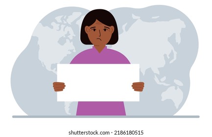 The concept of world attention. A woman holds a white poster in his hands against the background of a world map. Vector flat illustration