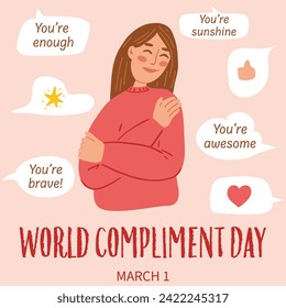 Concept of World Compliment Day. Hand drawn illustration of woman hugging herself