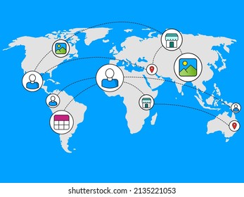 Concept of a world connected by the network or internet, with icons representing community and communication