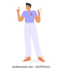 Concepto del Día Mundial de la Diabetes. Ilustración vectorial plana con caracteres masculinos comprobando el nivel de azúcar en sangre utilizando un medidor de glucosa en sangre. 