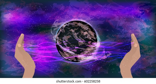 The concept of world domination. Guarding hands to keep the background of space. Planet in space. Vector illustration for your design