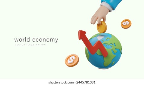 Concepto de economía mundial. Noticias importantes. Anuncio comercial en estilo 3D