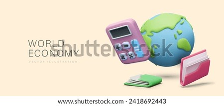 Concept of world economy. Poster with flying globe, pink calculator, folder with documents