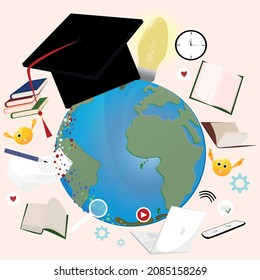 concept of world education and science development. globe in the graduate's cap is everywhere a book, technology and the Internet - laptop and a mobile and joyful smiles. Vector illustration