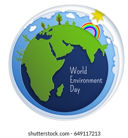 The concept of World Environment Day. 3d paper art. Illustration of the earth from cut out paper layers with shadow. Save the Planet. Ecological design. June 5th
