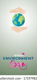 CONCEPT FOR WORLD ENVIRONMENT DAY WITH  EARTH , SUPPORTING HAND AND BUTTERFLY ON BEAUTIFUL BACKDROP 