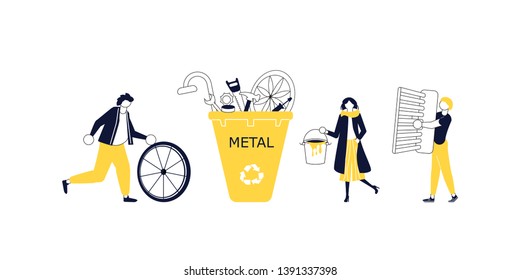Concept for World Environment Day. People Characters are collecting garbage to yellow Recycle bins. Flat Art Vector illustration