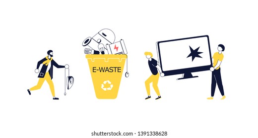 Concept for World Environment Day. People Characters are collecting garbage to yellow Recycle bins. Flat Art Vector illustration