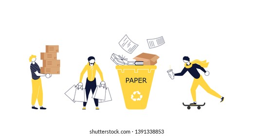 Concept for World Environment Day. People Characters are collecting garbage to yellow Recycle bins. Flat Art Vector illustration
