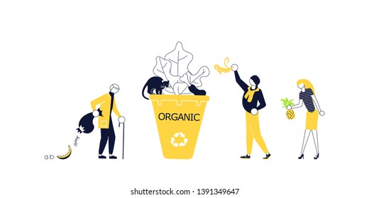 Concept for World Environment Day. People Characters are collecting garbage to yellow Recycle bins. Flat Art Vector illustration