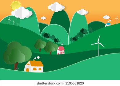 Concept world environment day and sunset time with happy house family,Paper art idea and digital craft.