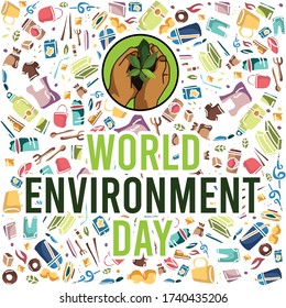 The concept of World Environment day. Vector of plastic trash. recycle. hand with plants.