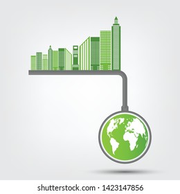 Concept World environment and Earth Symbol With Green Leaves Around Cities Help The World With Eco-Friendly Ideas,Vector Illustration