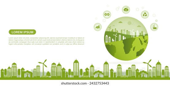 The concept World environment. Sustainability development and ecology friendly, Banner green, Green city on earth, Green Vector illustration