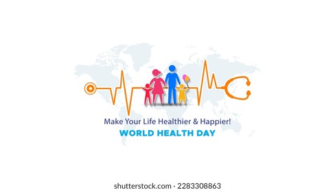 Concept of world health day awareness background and happy Family. World map and doctor sthetoscop background.