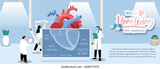 Concept of world heart day poster campaign in cartoon character x-ray treatment and health care awareness in flat style and vector design at 29 September.