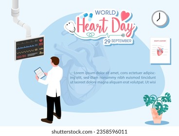 Concept of world heart day poster campaign in a doctor cartoon character looking at a heart beat display and health care awareness in flat style and vector design