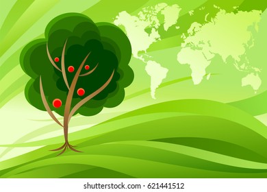 A Concept of world map across the green sky with a cherry tree. Vector Illustration.