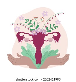 Concept World Menopause Day. Uterus With Flowers And Leaves. Pause Sign Inside The Female Organ. Vector.