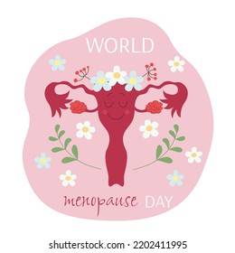 Concept World Menopause Day. Uterus With Flowers And Leaves. Pause Sign Inside The Female Organ. Vector.