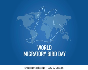 The concept of the World Migratory Bird Day. May 8. Vetor Illustration of a bird, isolated on a world map and blue background.