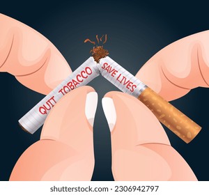 The concept for World No Tobacco Day May 31, Quitting tobacco and nicotine addiction. A hand in close-up broke away a cigarette. 