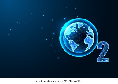 Concept of world oxygen with O2 formula and planet Earth globe in futuristic glowing style on blue