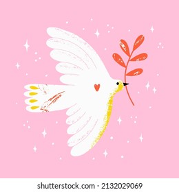 Concept for world peace day postcard with dove and branch. Poster with symbol, no war, world day of peace, equality and love. Hand drawn vector illustration. 