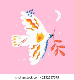 Concept for world peace day postcard with dove, branch, heartn and fire. Poster with symbol, no war, world day of peace, equality and love. Hand drawn vector illustration. 