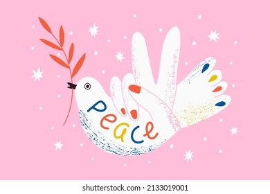 Concept for world peace day postcard with dove, branch. Hand with peace gesture. Lettering peace. Poster with symbol, no war, world day of peace, equality and love. Hand drawn vector illustration. 