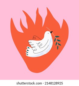 Concept for world peace day postcard with dove in flame. Poster with symbol, no war, world day of peace, equality and love. Background for banners, slogans, t-shirts, cards and more. Vector.