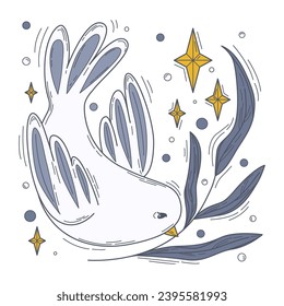 Concept for world peace day postcard with dove branch. Poster with symbol, no war, world day of peace, equality and love.international peace day pigeon with branch leaves white background. Stop war