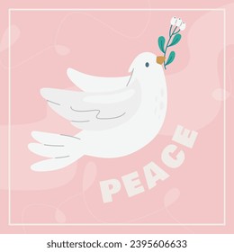 Concept for world peace day postcard with dove branch. Poster with symbol, no war, world day of peace, equality and love.international peace day pigeon with branch leaves pink background. Stop war