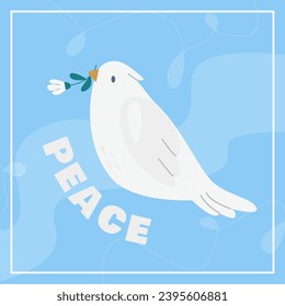 Concept for world peace day postcard with dove branch. Poster with symbol, no war, world day of peace, equality and love.international peace day pigeon with branch leaves blue background. Stop war