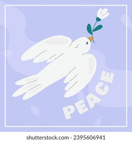 Concept for world peace day postcard with dove branch. Poster with symbol, no war, world day of peace, equality and love.international peace day pigeon with branch leaves purple background. Stop war