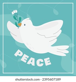 Concept for world peace day postcard with dove branch. Poster with symbol, no war, world day of peace, equality and love.international peace day pigeon with branch leaves green background. Stop war