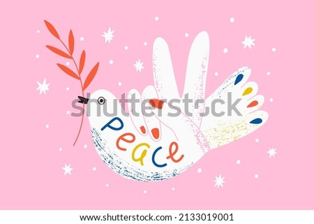 Concept for world peace day postcard with dove, branch. Hand with peace gesture. Lettering peace. Poster with symbol, no war, world day of peace, equality and love. Hand drawn vector illustration. 