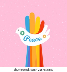 Concept for world peace day vintage poster with dove. Lettering peace. Retro abstract postcard with symbol, upport world peace, equality and love. Vector flat illustration.