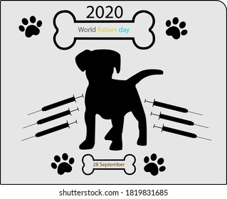 El concepto del Día Mundial de la Rabia, 28 de septiembre de 2020, es un cachorro simbólico con huesos y huellas. Ilustración del vector