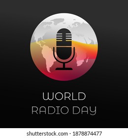 Concept for World Radio Day, February. Vector illustration of a silhouette of a studio microphone on a metal circle with an outline of the planet, with abstract wavy lines on a dark background.