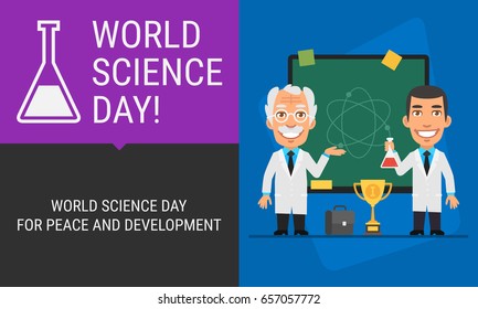 Concept World Science Day Blackboard and Scientists. Vector Illustration. People Character.