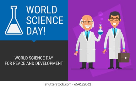 Concept World Science Day Professor and Assistant Smiling. Vector Illustration. People Character.