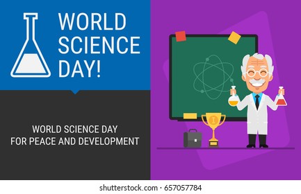 Concept World Science Day Professor and Blackboard. Vector Illustration. People Character.