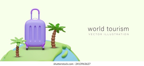 Concept of world tourism. Planet Earth with land and sea, realistic purple trolley bag for transporting personal things. Vector illustration in 3d cartoon style