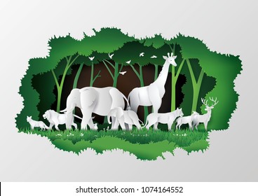 Concept of World Wildlife Day with the animal in frame tree , Paper art and digital craft style.
