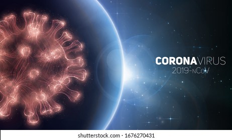 Concept of worldwide Coronavirus pandemia. Warning of virus global outbreak. Virus structure on a planet Earth background with stars. International infectione. Vector illustration.