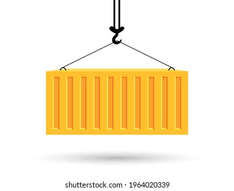 Concept of worldwide delivery by marine transport. Bright yellow cargo in container lifts on winch. Unloading or loading cargo. Vector illustration
